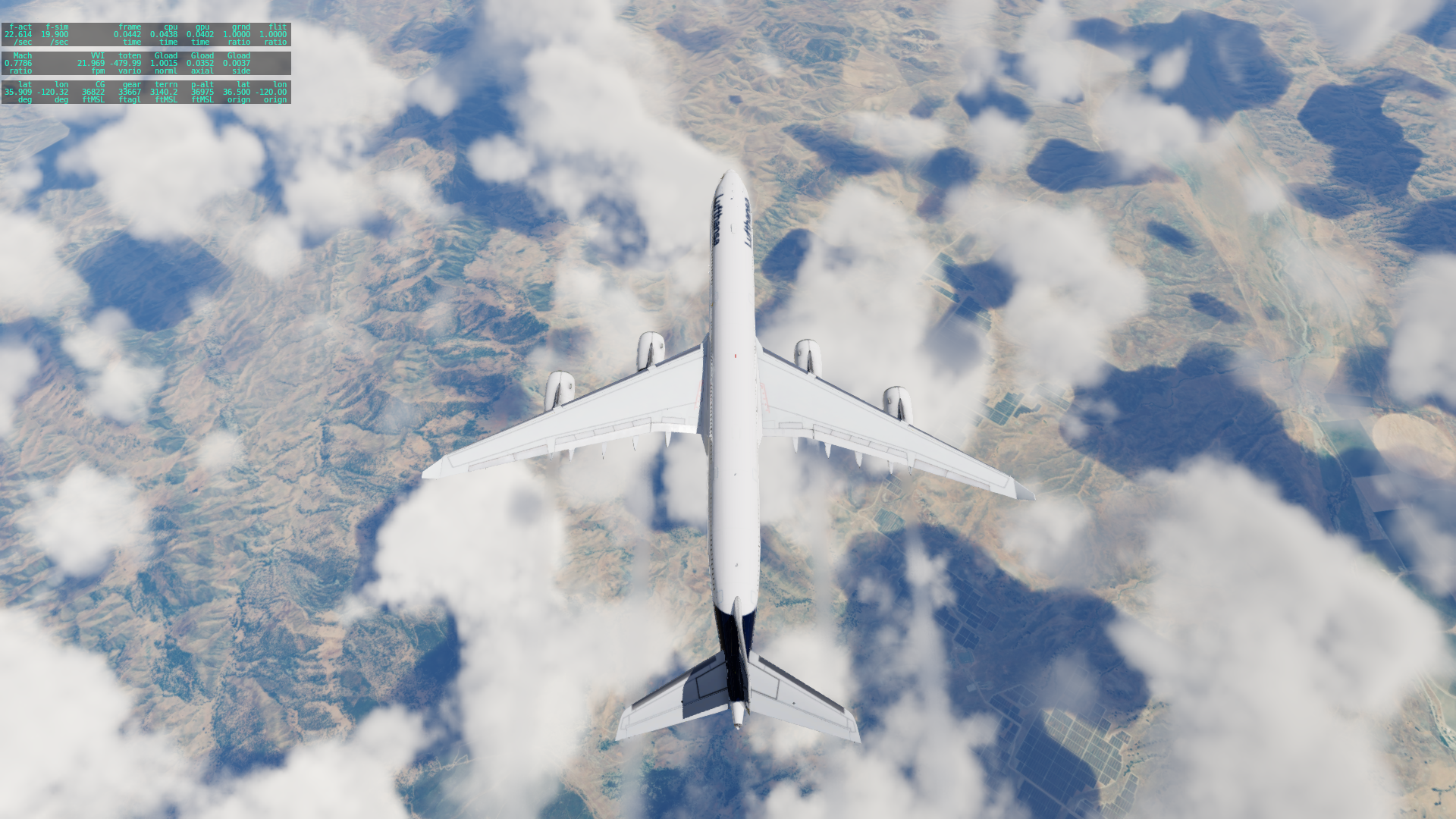 A X-Plane 12 Toliss A340-600 in Lufthansa livery (mostly white with a blue tail and logo at the body) flying south of Pinnacles NP, where orthophotography has hilly terrain and farm land. There’s scattered clouds below the aircraft casting some shadows.