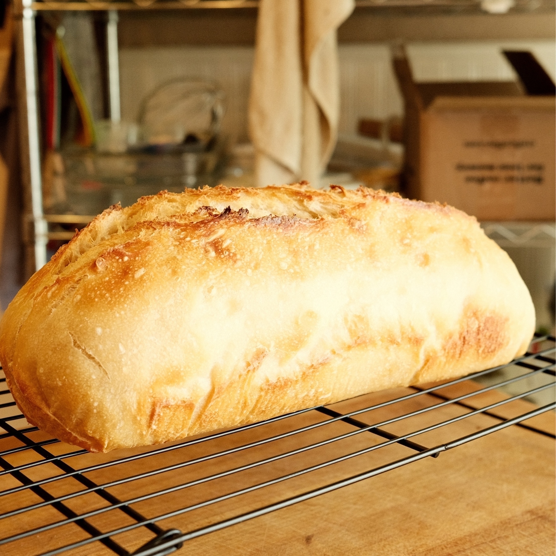 a golden elongated loaf of sourdough with slightly blurred kitchen racks that have many implements upon it