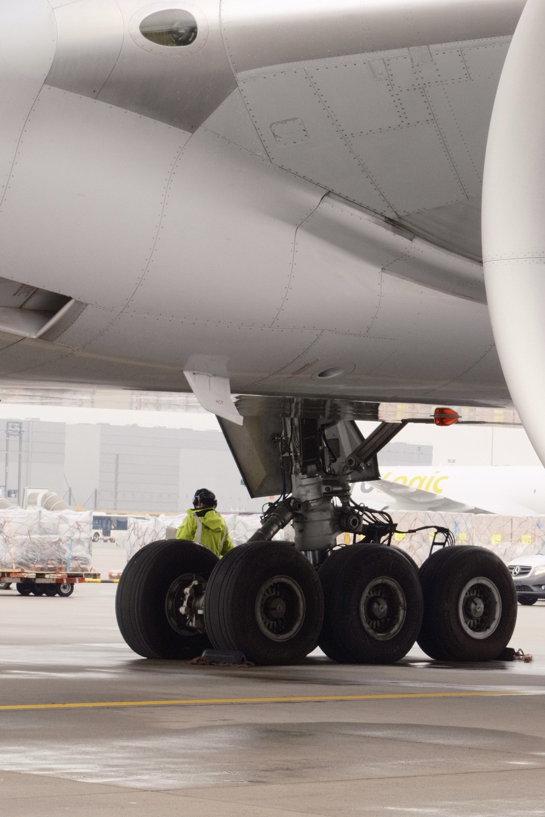 The belly of a United 777-300 (N2243U), looming over the tarmac. The main 12-wheel landing gear are front and center, with a human in front of one of the wheels. The wheels cover more than half of their body. The red beacon, which is off, and an antennae is visible above the gear. Some cargo is visible behind the plane. 