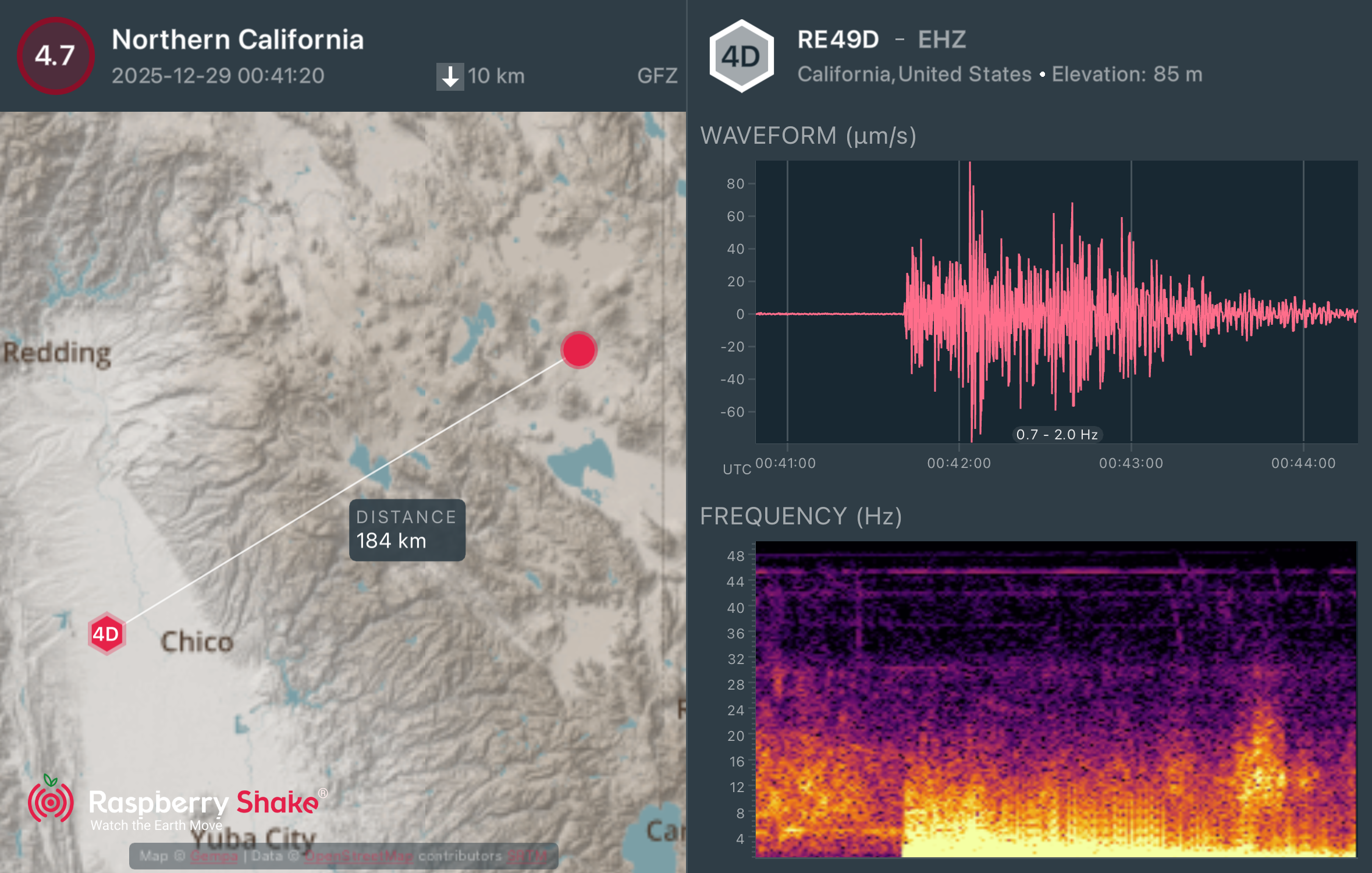 A screen capture from RaspiberryShake app with a map showing the earthquake’s location vs the seismometer along with two charts showing a clear seismic signal.