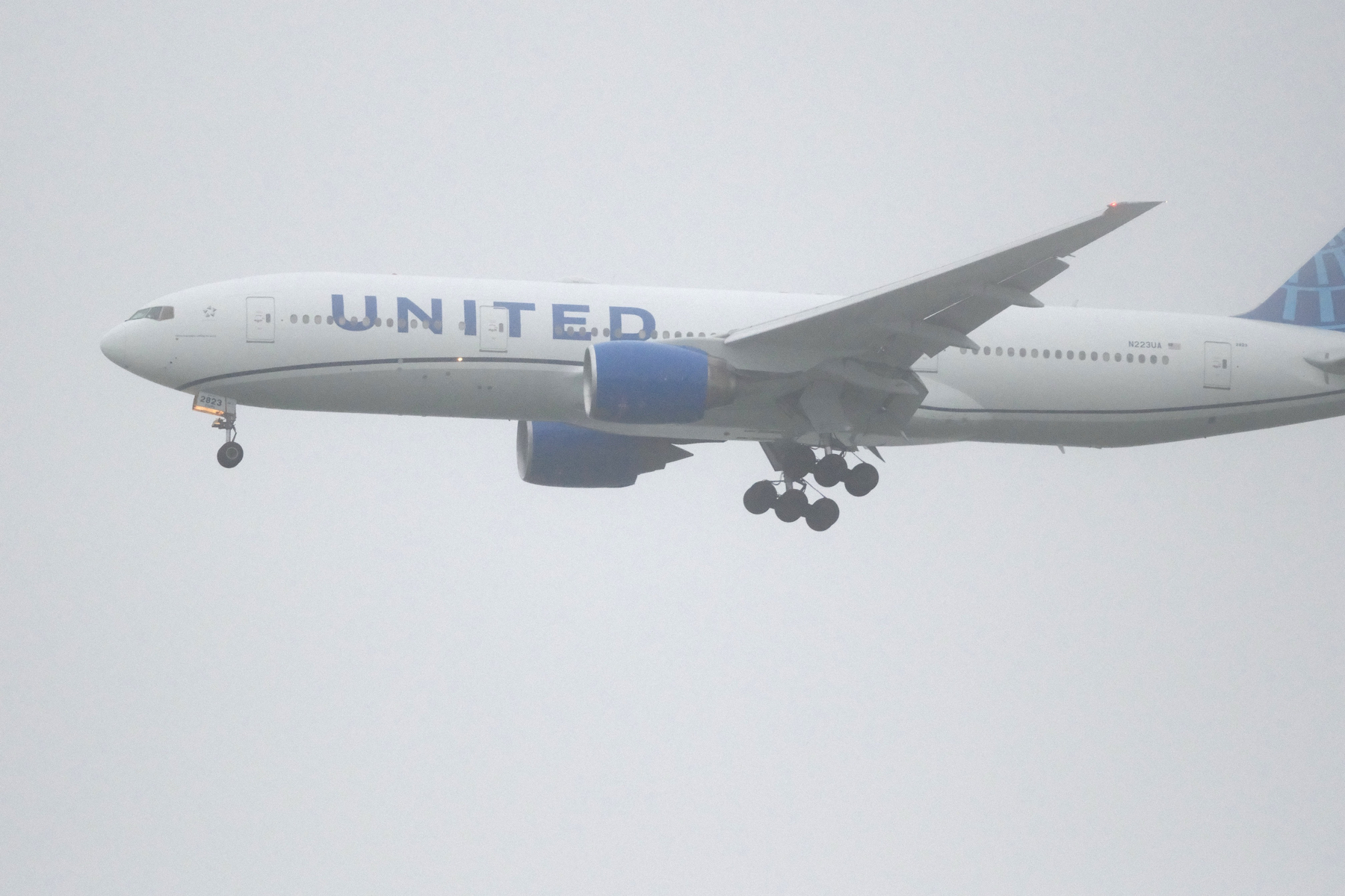 DSCF7508.JPG On a 100% foggy day, a blue engined United 777, facing left, takes up most of the frame with its tail just out of the photo. Its landing gear are out and there's a light visible from the nose gear.