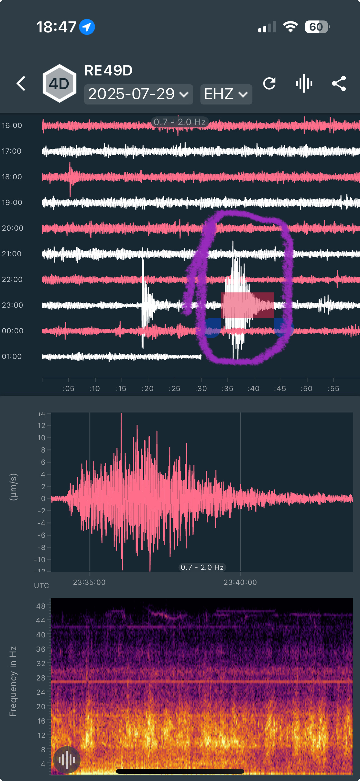 A screen capture of a RaspiShake seismograph showing the M8.8 spiking clearly at around 23:34 GMT.