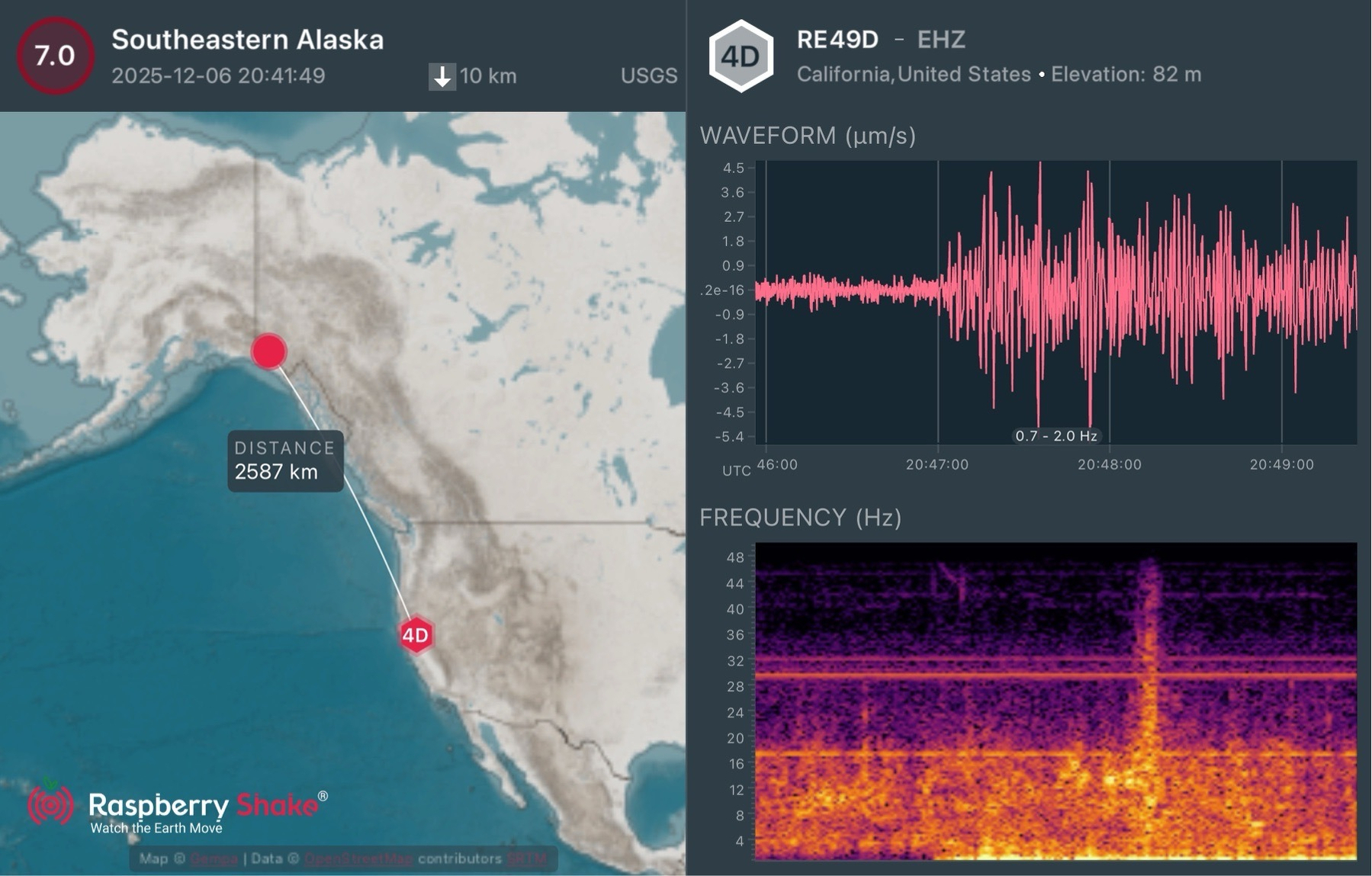 A RaspberryShake app screen capture showing a clear seismic signal for the M7 Western Canada/Southeastern Alaska earthquake. The seismometer is located in Northern California.