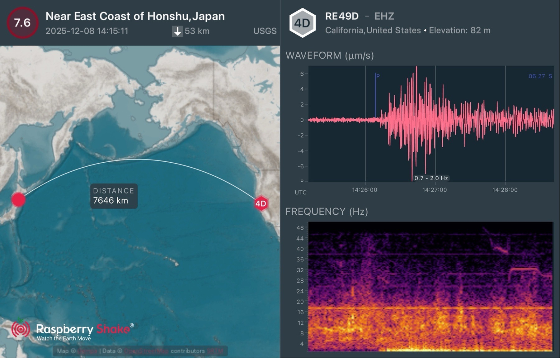 A seismograph showing a strong seismic signal between Japan and Northern California 