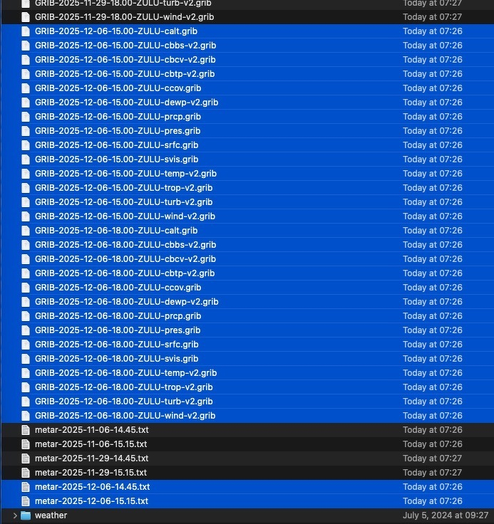 A macOS Finder listing of weather data newer than November 29. These files, beginning with GRIB and metar and ending with the dates, need to be deleted after setting X-Plane 12.3 to a historical date.