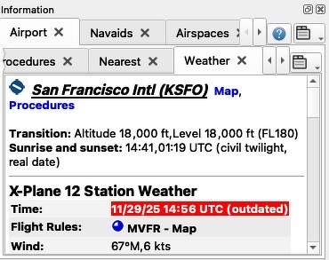 Little NavMap's Information pane showing the current Airport's tab and its Weather sub-tab. In this example, San Francisco Intl (KSFO) is shown highlighted in red with a date of 11/29/2025, even though the real-time date is 12/6/2025. The weather time is followed by (outdated)