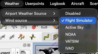 A screen capture showing that Little NavMap's Weather->Airport Weather Source is set to Flight Simulator. Other sources are unset or unchecked.
