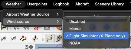 A screen capture showing that Little NavMap's Weather->Wind Source is set to Flight Simulator (X-Plane Only). Other sources are unset or unchecked.