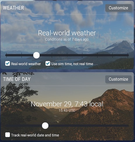 A screen capture of X-Plane 12.3 showing that Real-World Weather is set to "Conditions as of 7 days ago" with both "Real-world weather" and "Use sim time, not real time" checked. The time of day is set to November 29, 7:43 local or 15:43 UTC. "Track real-world date and time" is unchecked.