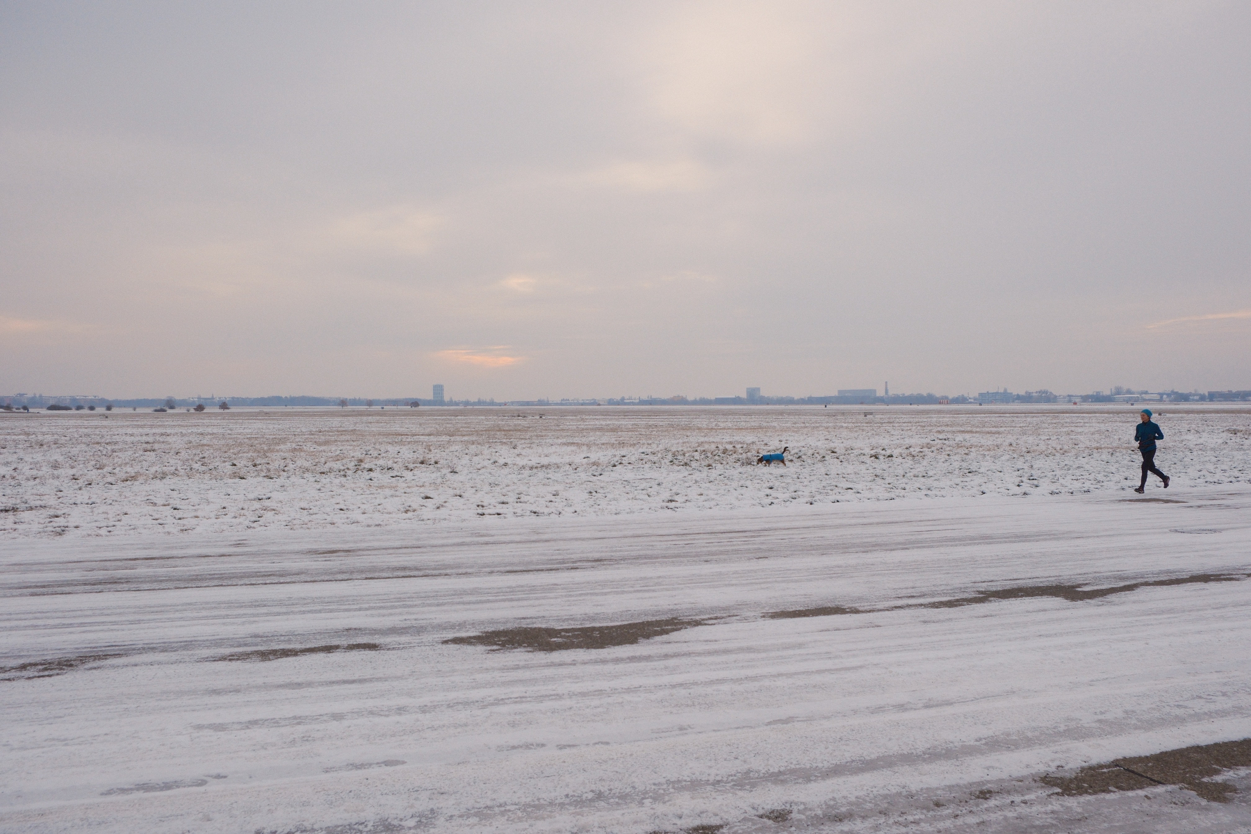 On a cloudy day with snow covered ground, a runner in a blue outfit travels along one of the Berlin Tempelhof's taxiways. A little father away, a dog runs in parrallel on gnow and grass. The scene is very white with few breaks of buildings along the skyline.