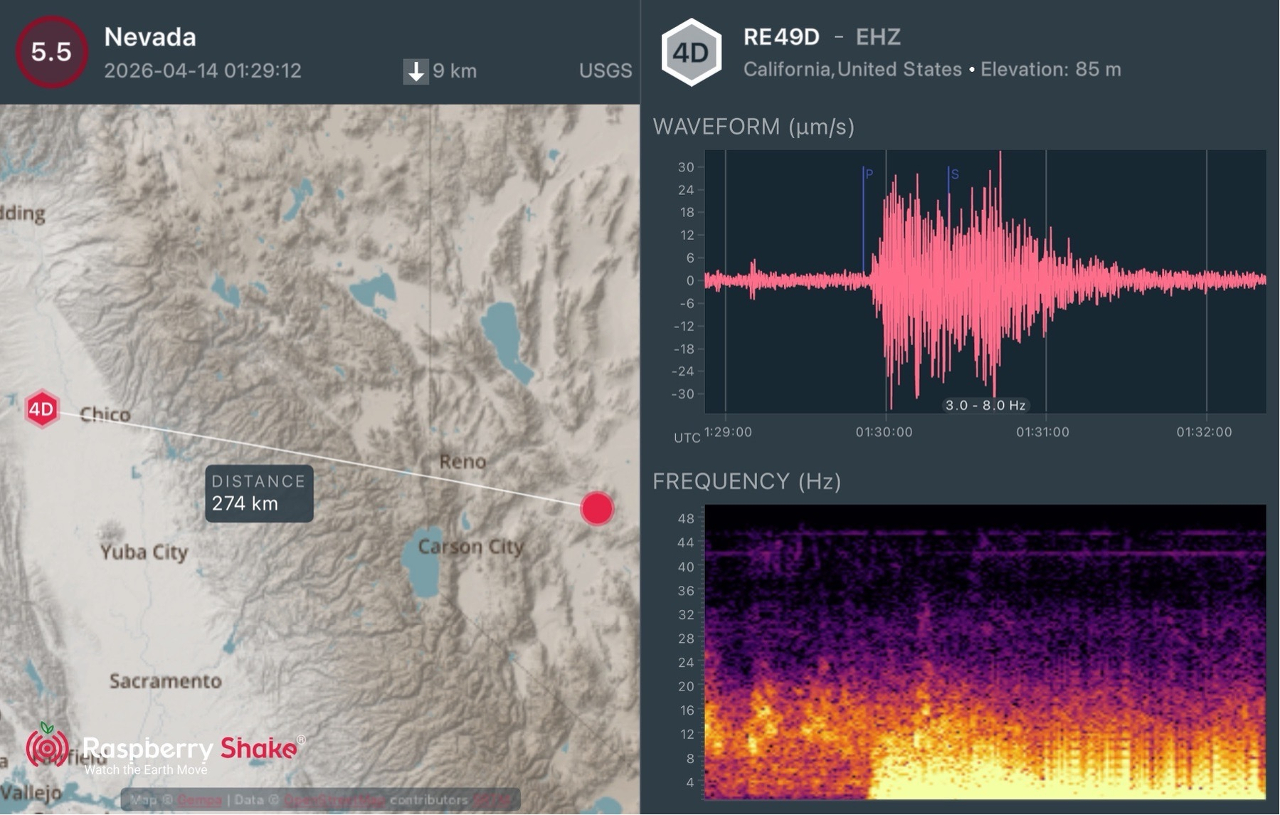 A clear seismograph of a earthquake east of Carson City, as detected by a RaspberryShake 274Km away, west of Chico 