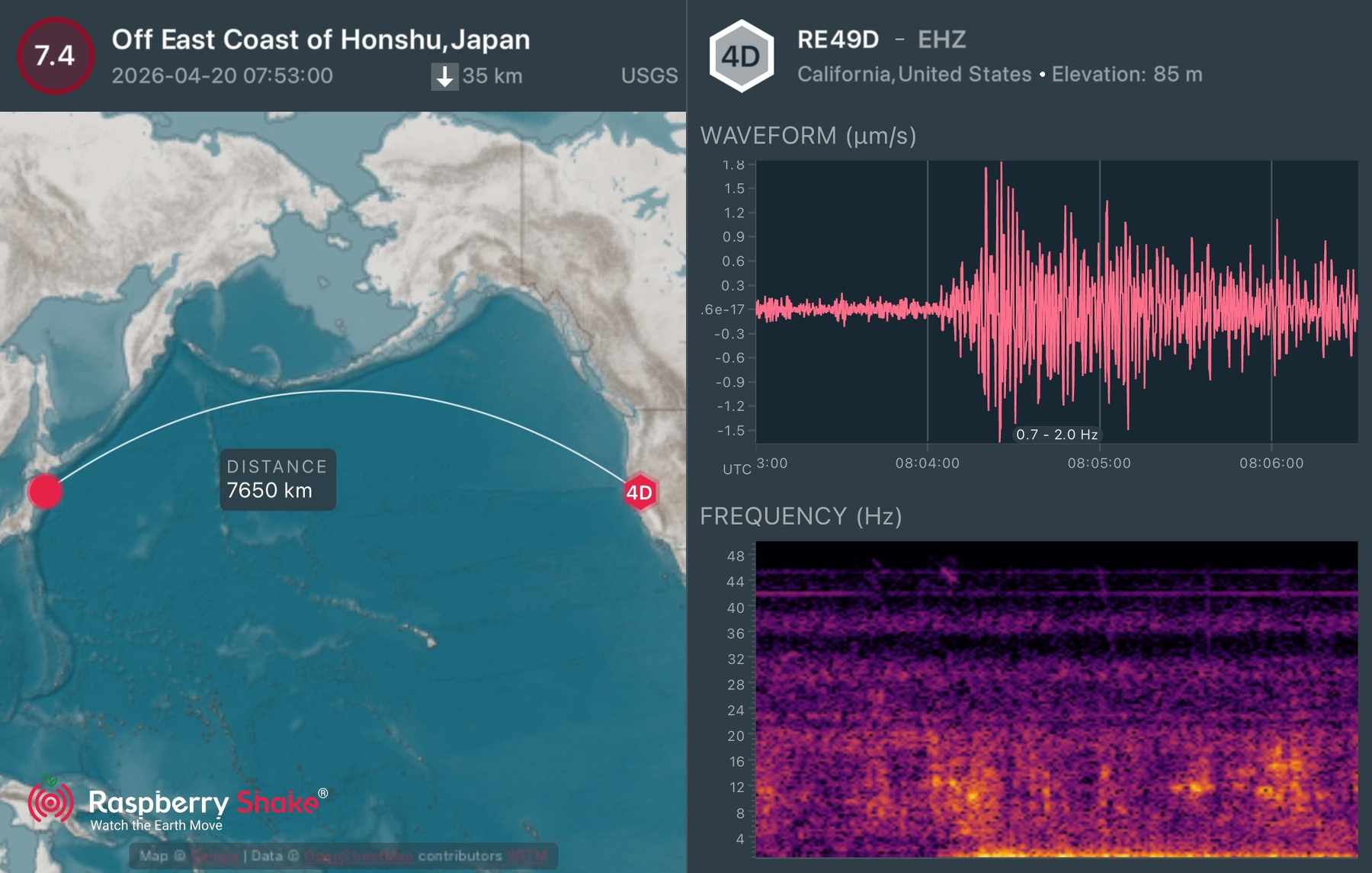 A seismograph showing the Japan quake being detected in California