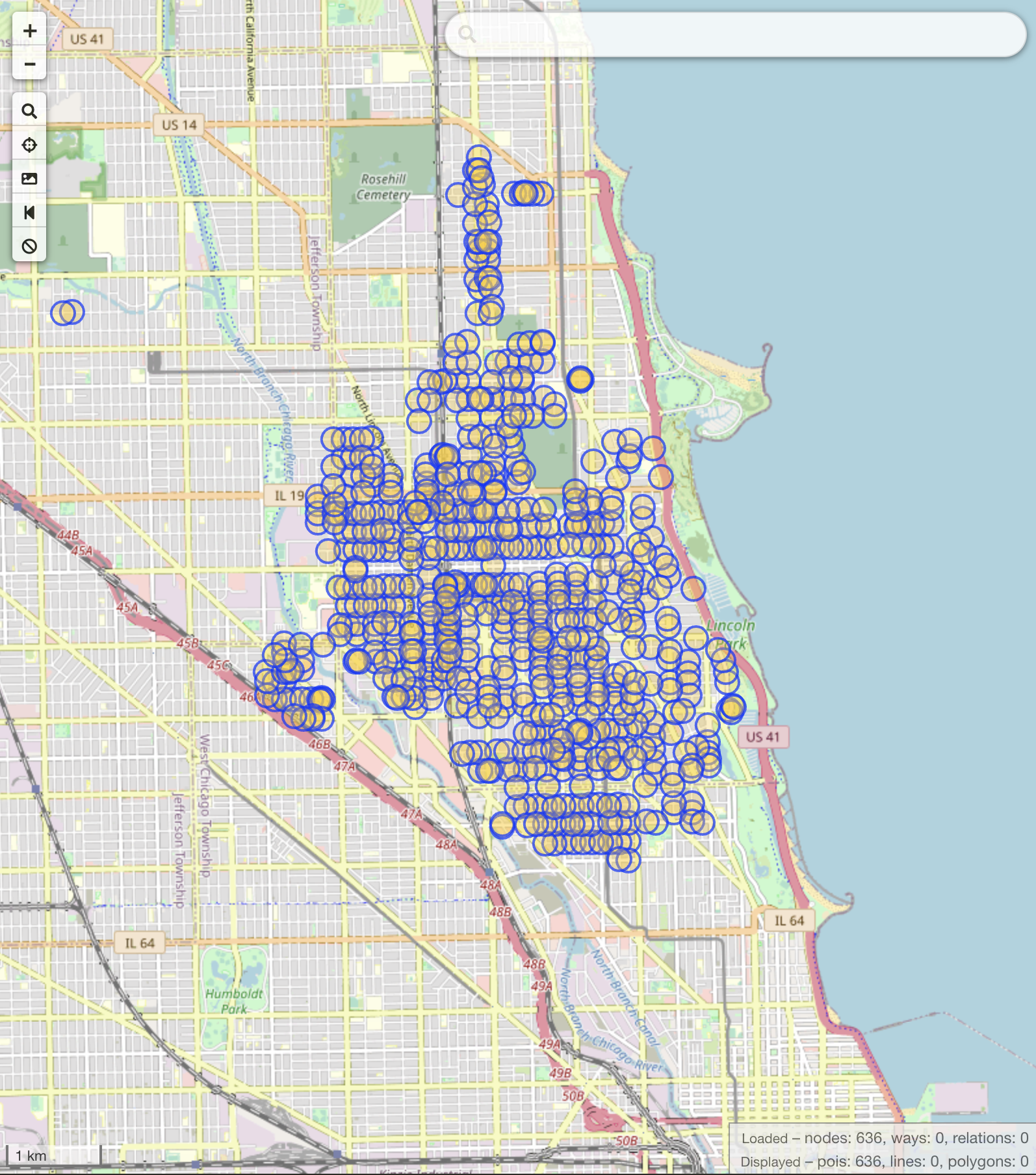 Screenshot of 636 blue circles on the Chicago OpenStreetMap.