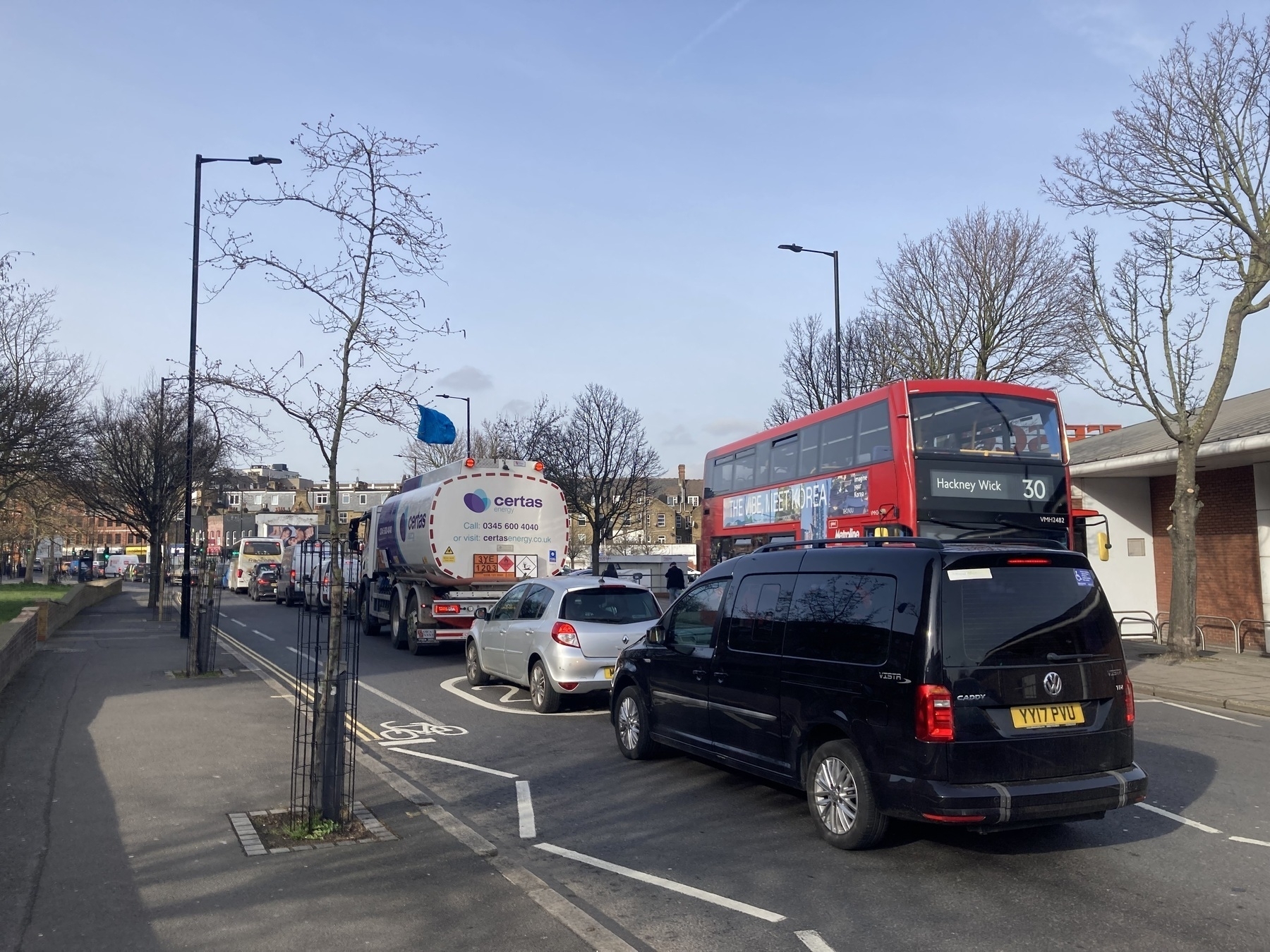 Traffic queued on Morning lane in Hackney in the morning.