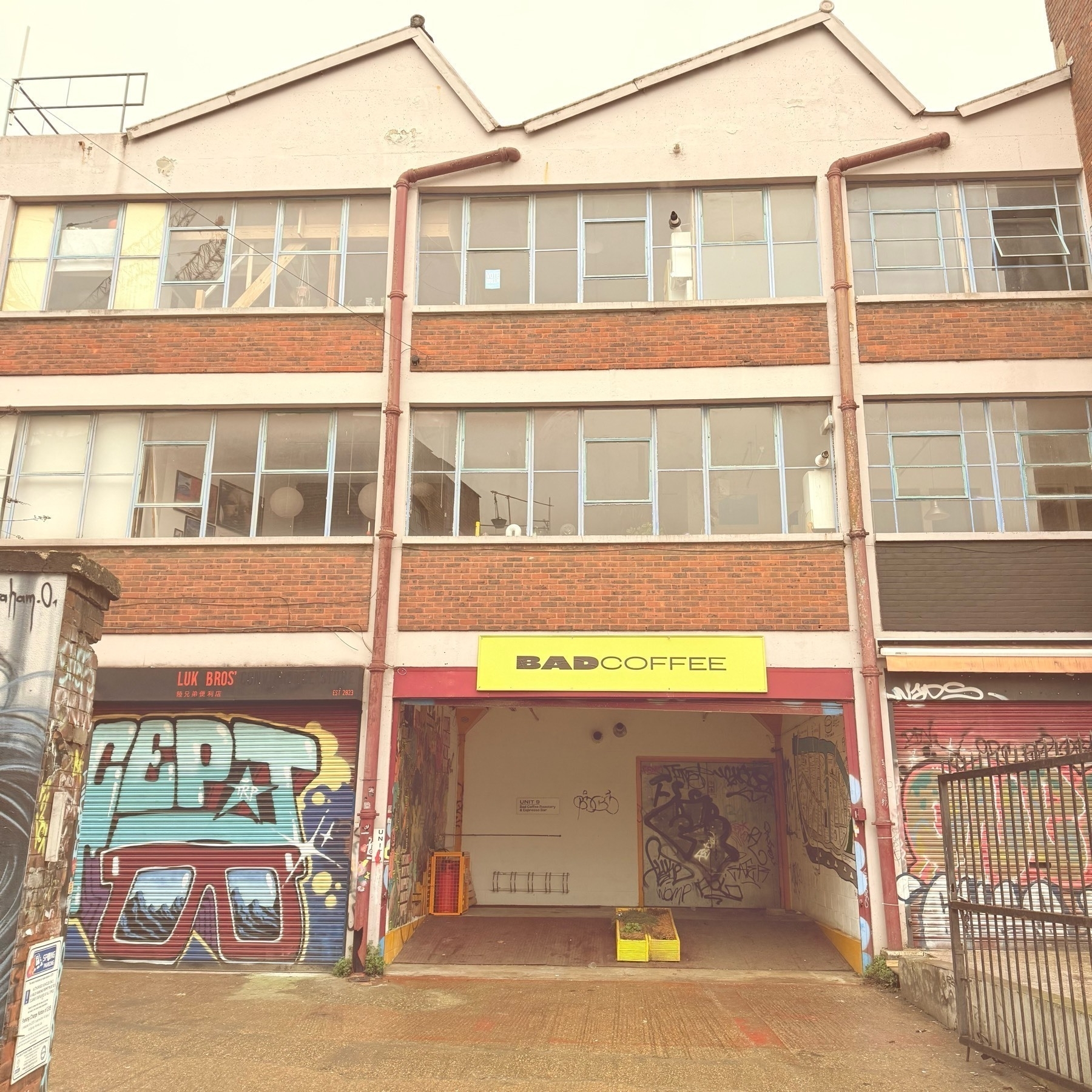 Luk Brothers and Bad Coffee shopfronts in Hackney Wick