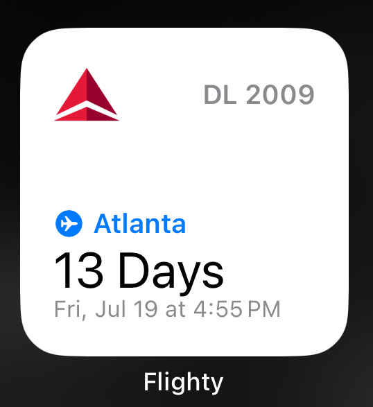 Flighty widget showing a Delta flight to Atlanta in 13 days.