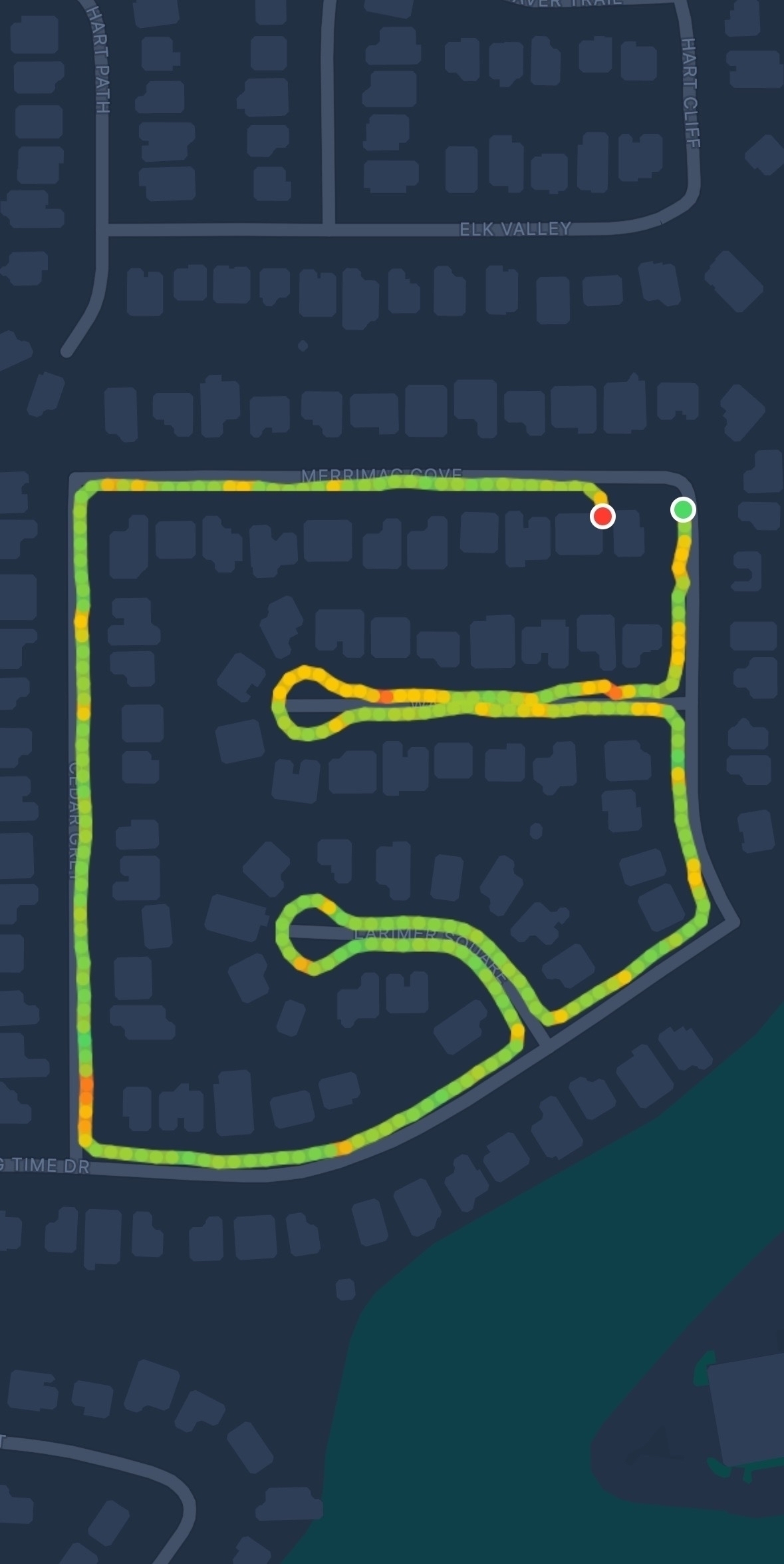 An Apple Fitness heatmap of my morning neighborhood walk. Don’t be creepy.