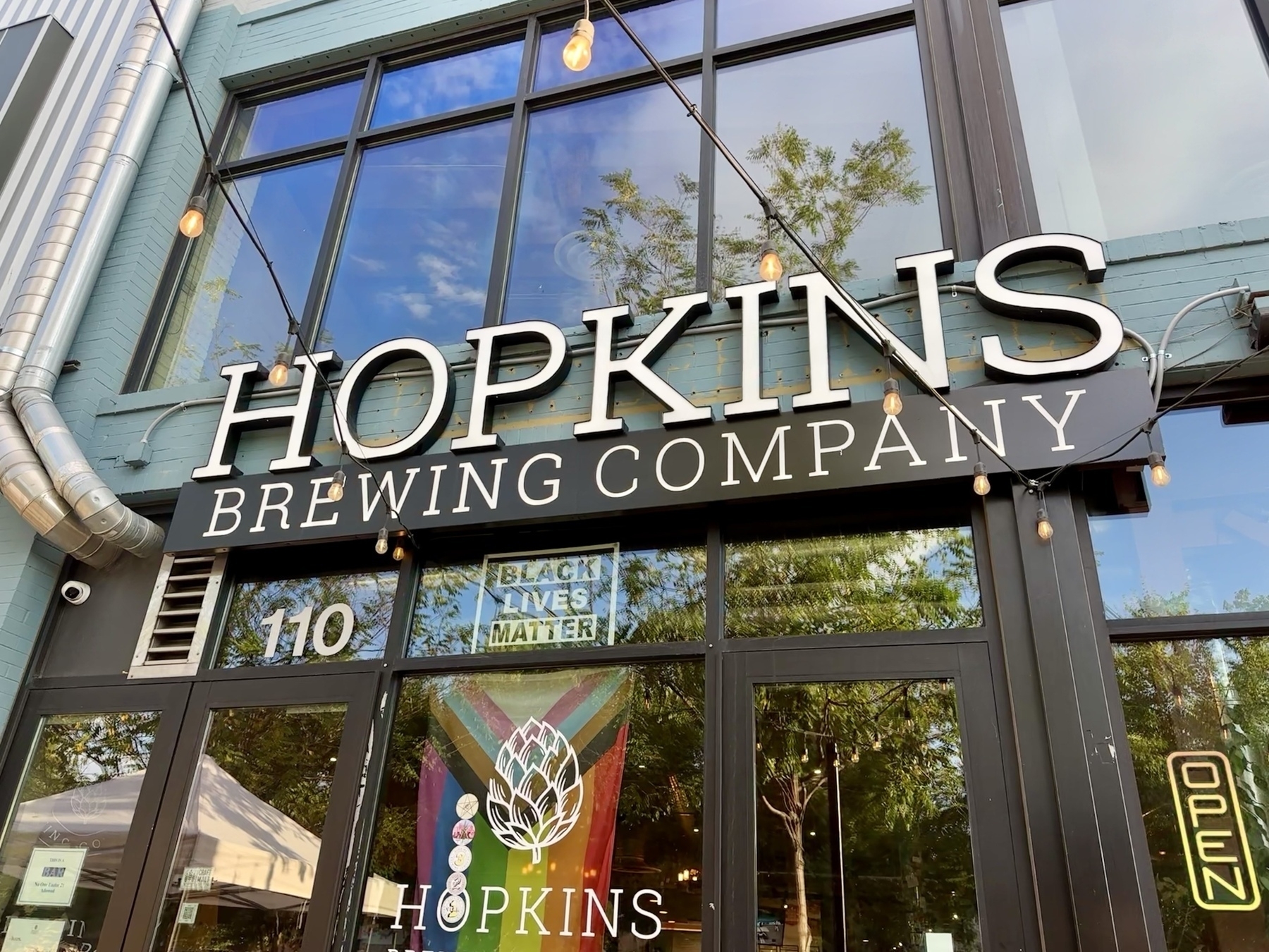 Front door of Hopkins Brewing Company.