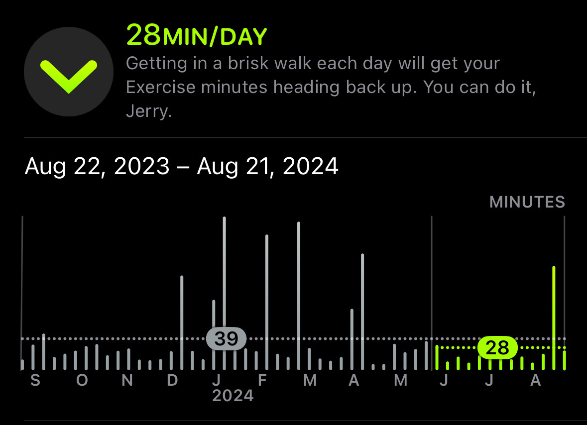 Apple Fitness chart of my daily exercise minutes declining from an average of 39/day from September to May to 28/day since then. Spikes in the winter months for ski trips, and only one spike since April for backpacking.