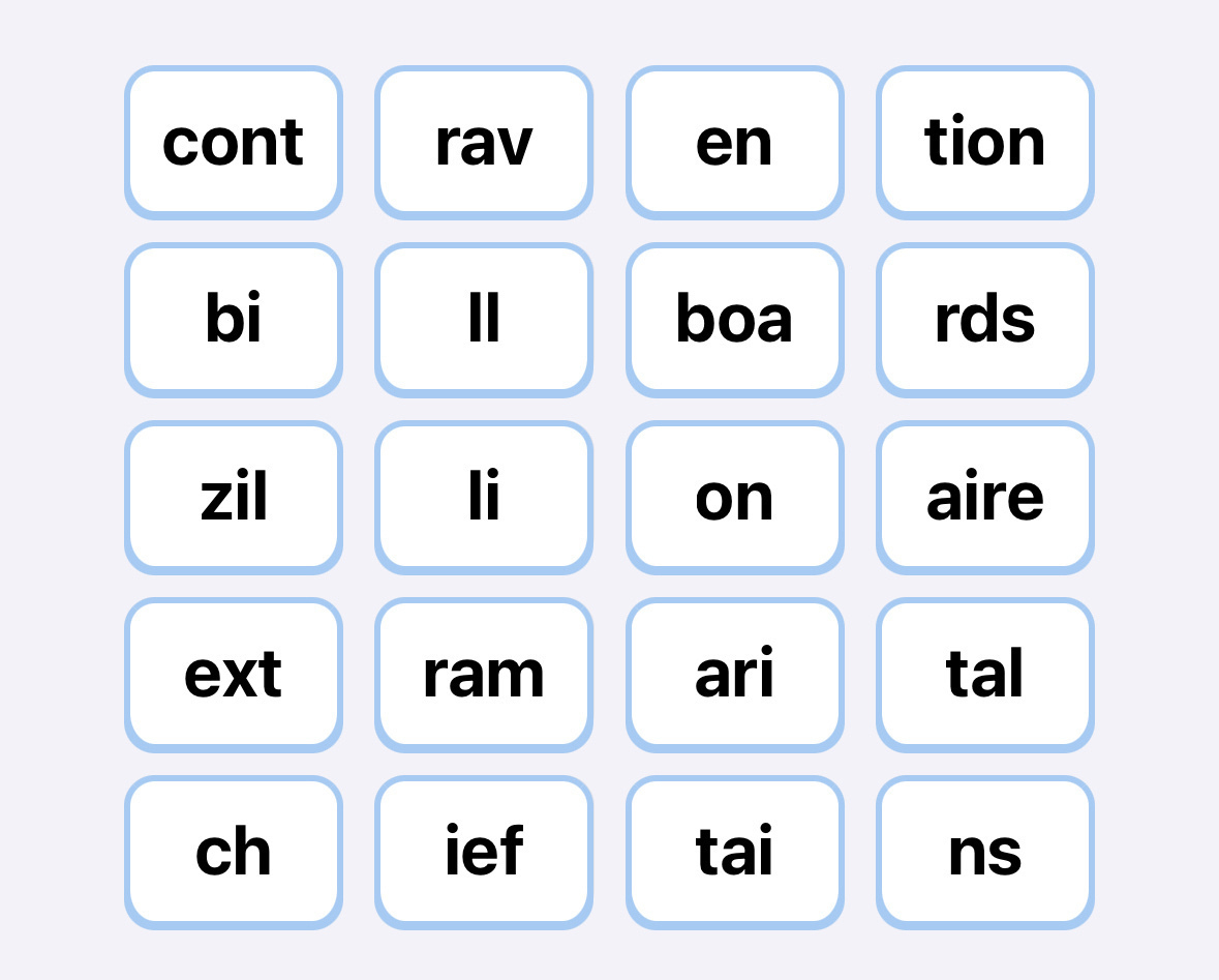 Solved Quartiles puzzle: cont/rav/en/tion, bi/ll/boa/rds, zil/li/on/aire, ext/ram/ari/tal, ch/ief/tai/ns.