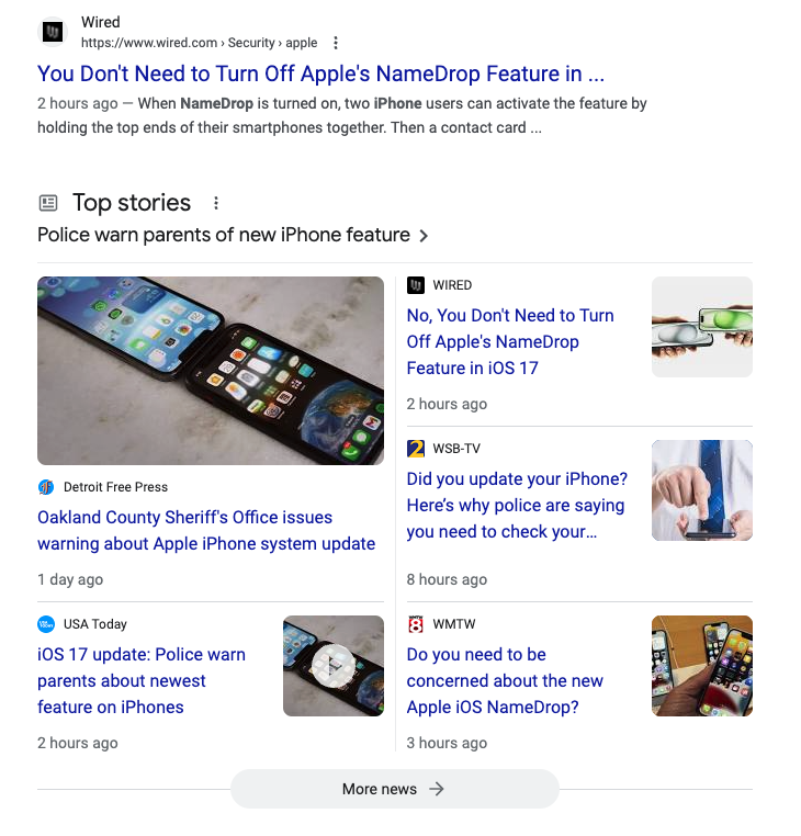 Top stories Police warn parents of new iPhone feature Detroit Free Press Oakland County Sheriff's Office issues warning about Apple iPhone system update. WIRED - No, You Don't Need to Turn Off Apple's NameDrop Feature in iOS 17. 