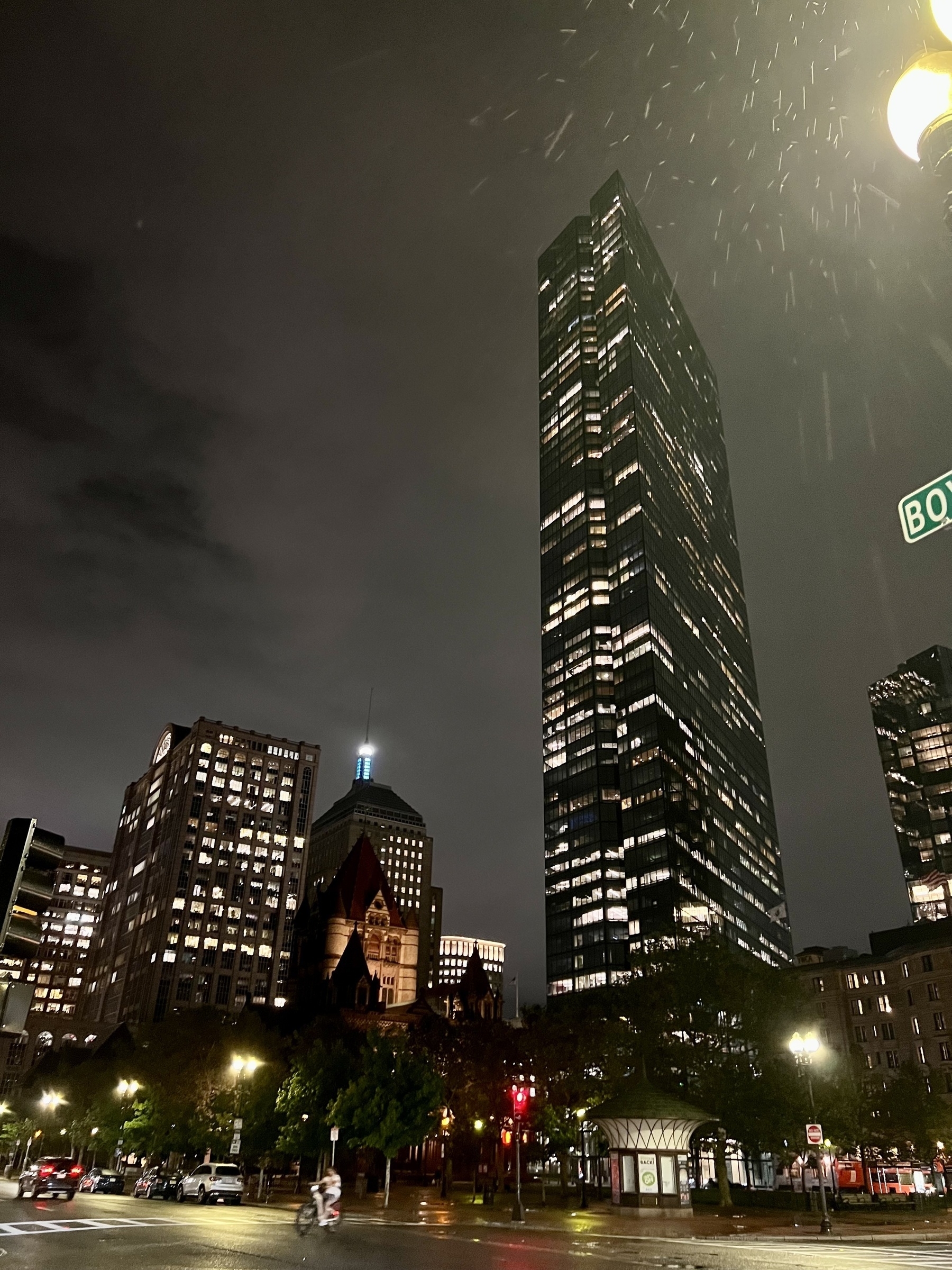 Nighttime view of both Hancock buildings in Boston