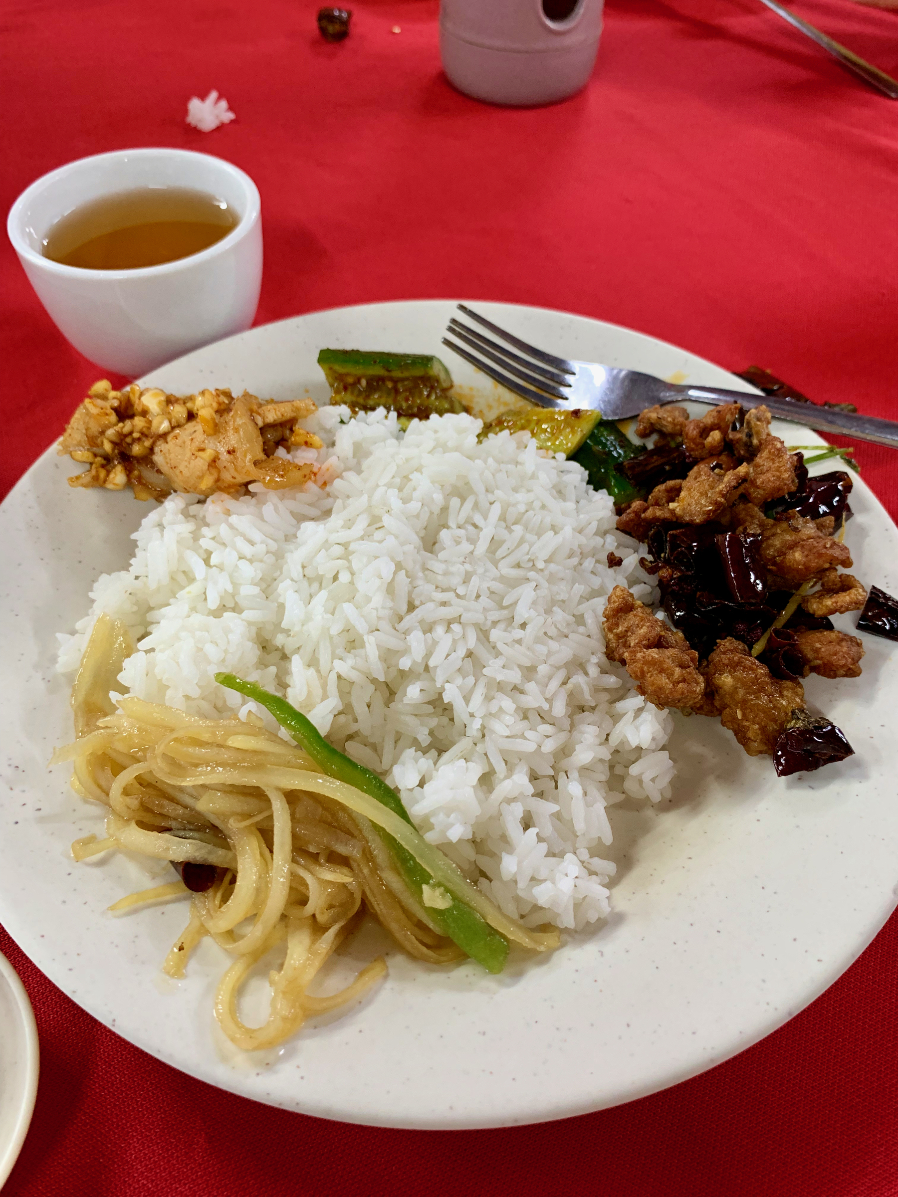 A plate with rice in the middle, surrounded by chilli cucumber, chinese style potato fry, chilli chicken and pork