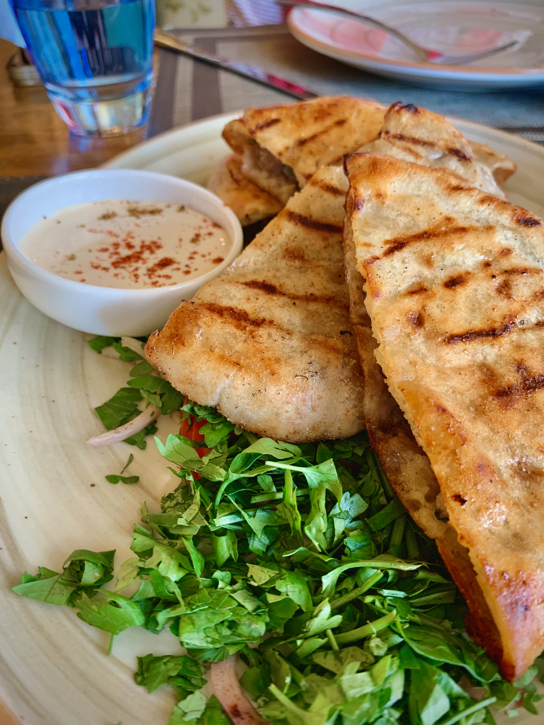 Auto-generated description: Grilled flatbread sandwiches are served on a plate with a side of dipping sauce and a garnish of fresh greens.