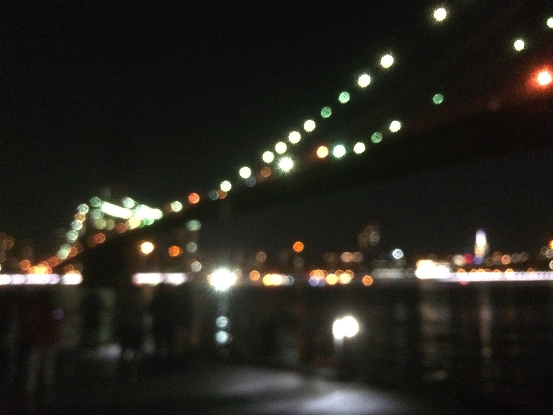 Blurry picture of a bridge over a river in new york.