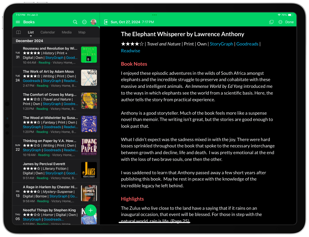 Auto-generated description: An open e-reader displays a book review for The Elephant Whisperer by Lawrence Anthony, surrounded by a sidebar listing other book titles.