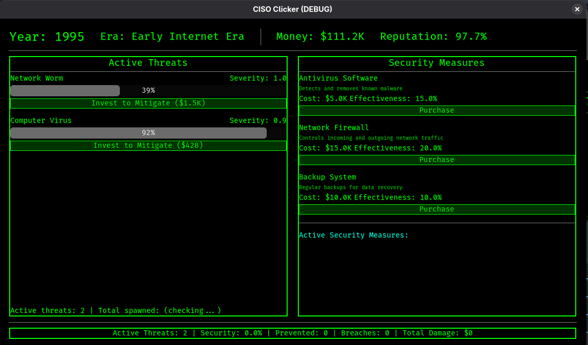 Auto-generated description: A retro-style computer game interface shows a cybersecurity simulation from 1995, featuring active threats and security measures with respective severities and costs.