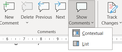 A screenshot of the Word ribbon with the options for how comments in a document are displayed.