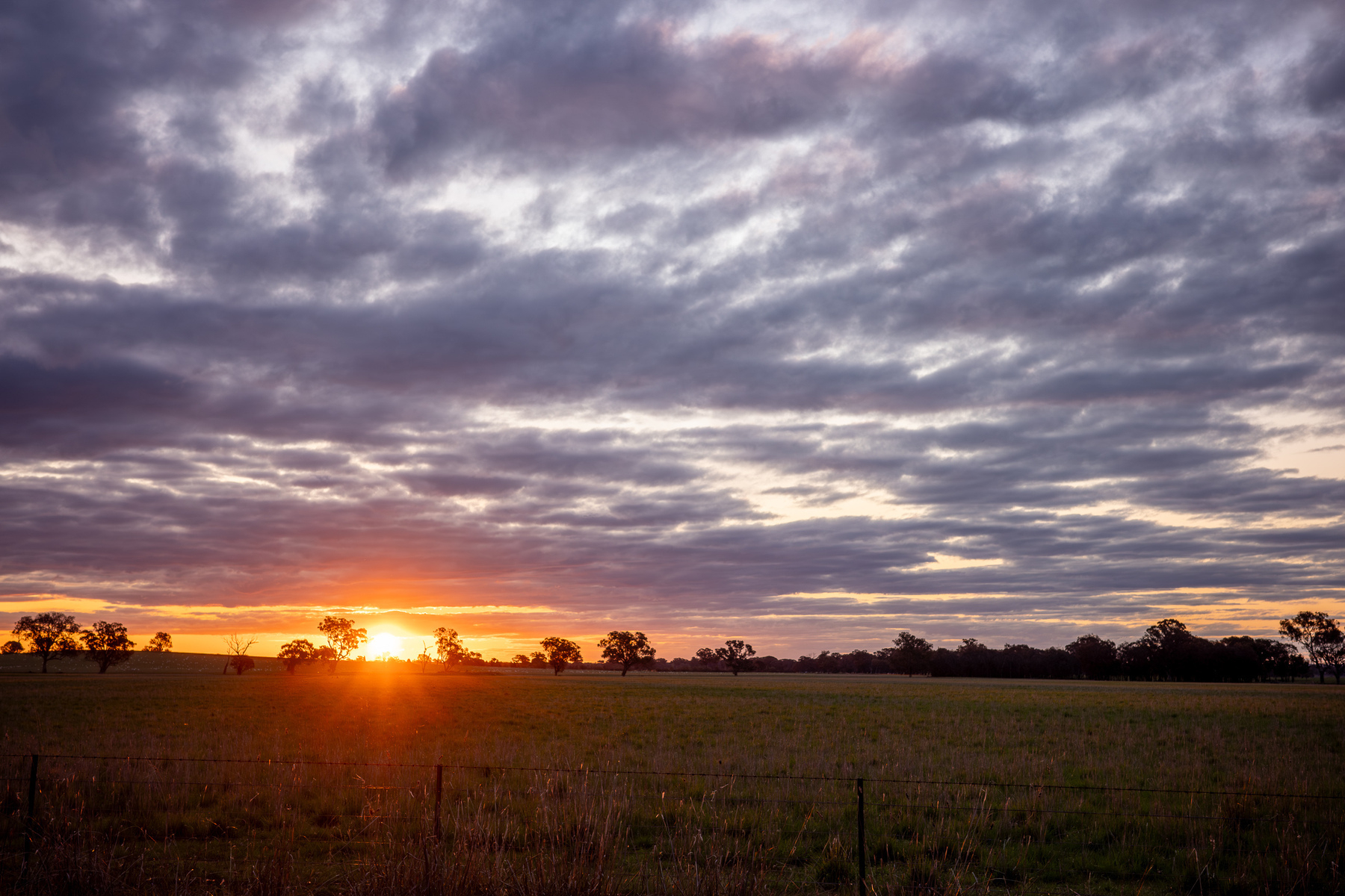 Sunset - cloudy sky with an orange sunset above a field.