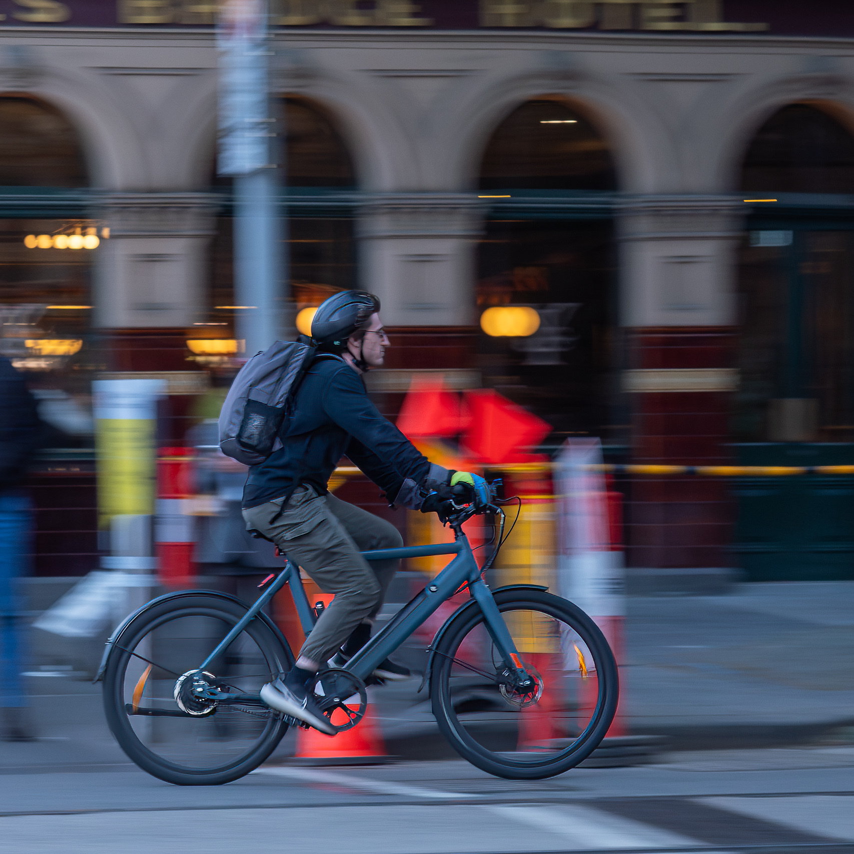 A rider outside Young & Jackson on Swanston St