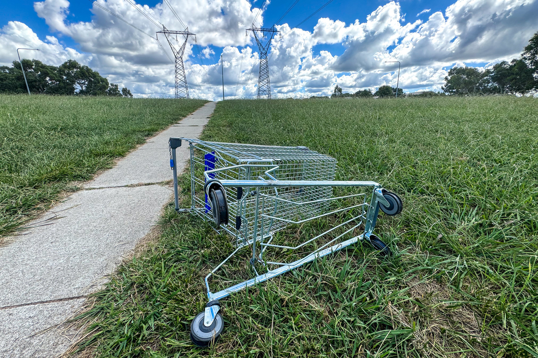 A lost trolley lying on its side in the grass next to a foot path.