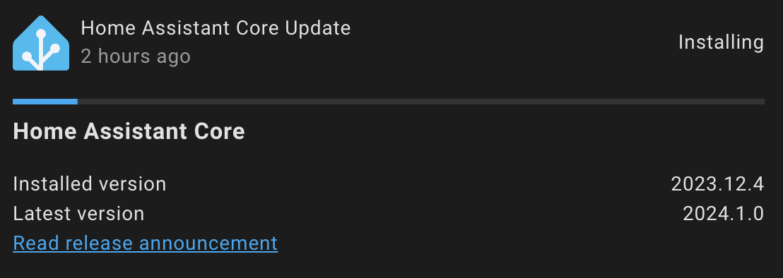 Screenshot of Home Assistant updating to version 2024.1.0