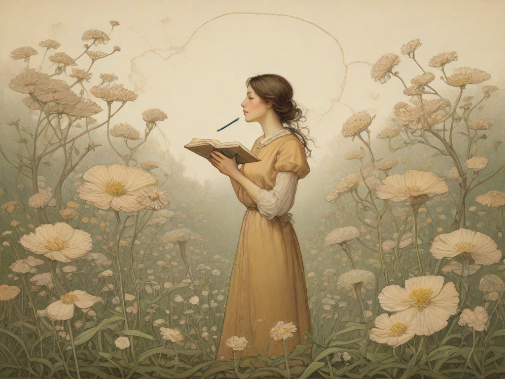 A woman in a yellow old-fashioned dress stands holding an open book in the middle of a field of flowers as large as she is, while a pencil floats in front of her.