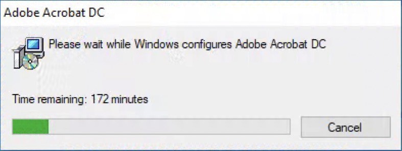 Please wait while Windows configures [sic: uninstalls] Adobe Acrobat DC. Time remaining: 172 minutes