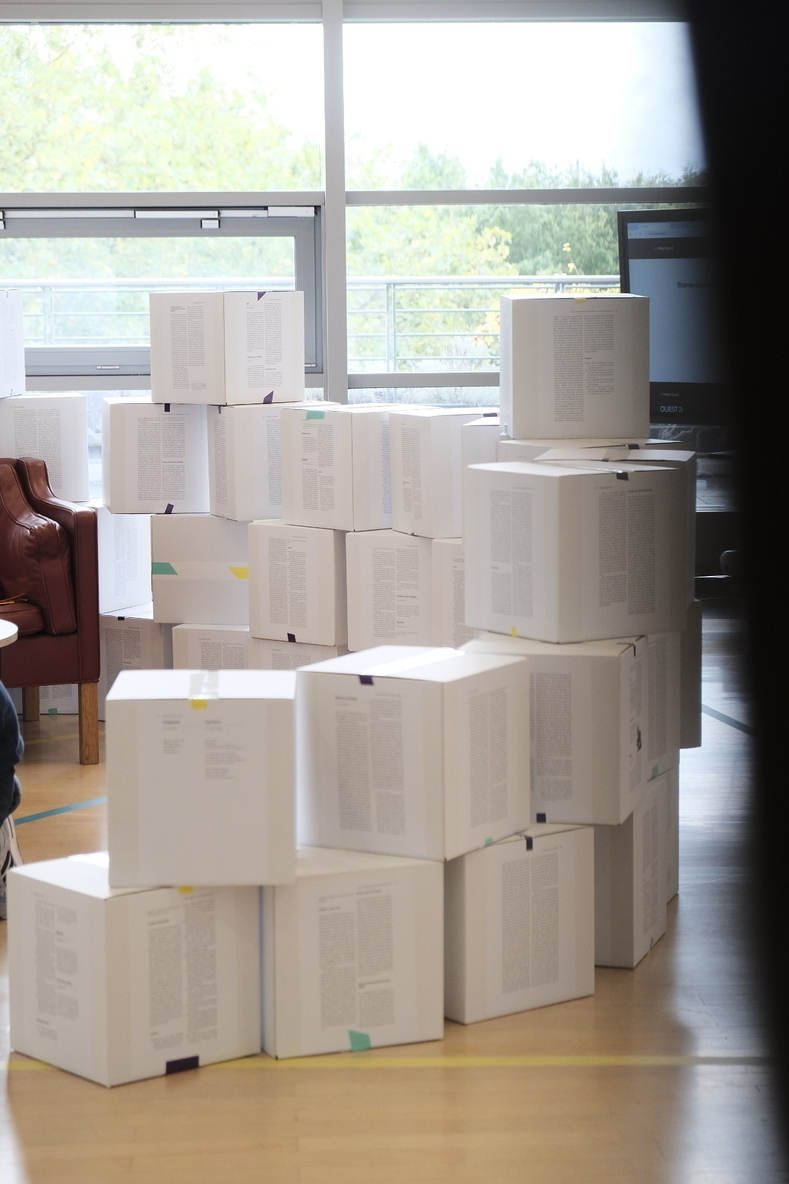 Snapshot from the exhibition through a different angle, not with a focus on chapters, represented in large cubes (again). They take up the lecture space in a cozy way.