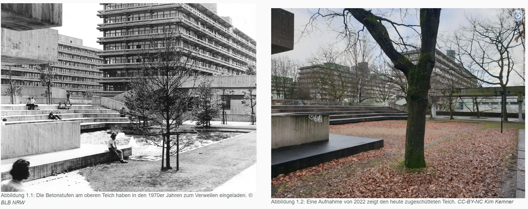 You see the same place on a university campus, half a century apart. Large modernist buildings, three of them, and a few trees, stepts and a lake in front. 2022, which is the image on the right, the mini lake has been shut. No more people around, although this is the colourful of the two photos (the other one being black and white). Anyways, this is a demonstration of focal length because the scene looks completely different although shot from the very same spot. The old photograph was shot through a telephoto lens, thus pulling the background closer to the image, while the new shot was probably done through a smartphone camera, typically a wider lens thus pushing things away.