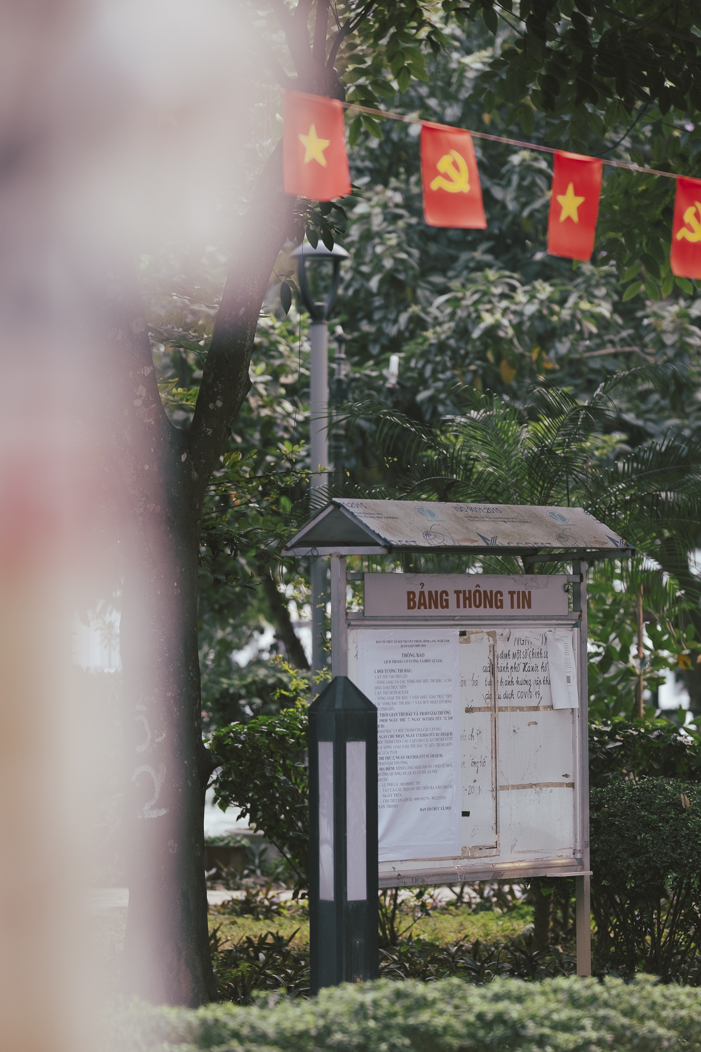 This is a 75mm photo of a community white board on the street, displaying current information for the local ward. Little red communist and vietnamese flags fly above. This is how politics, info and more happens: on a white board, by hand. There's also a public speaker twice or thrice a day, informing about things (and reminding of citizen's duty to believe in the party).