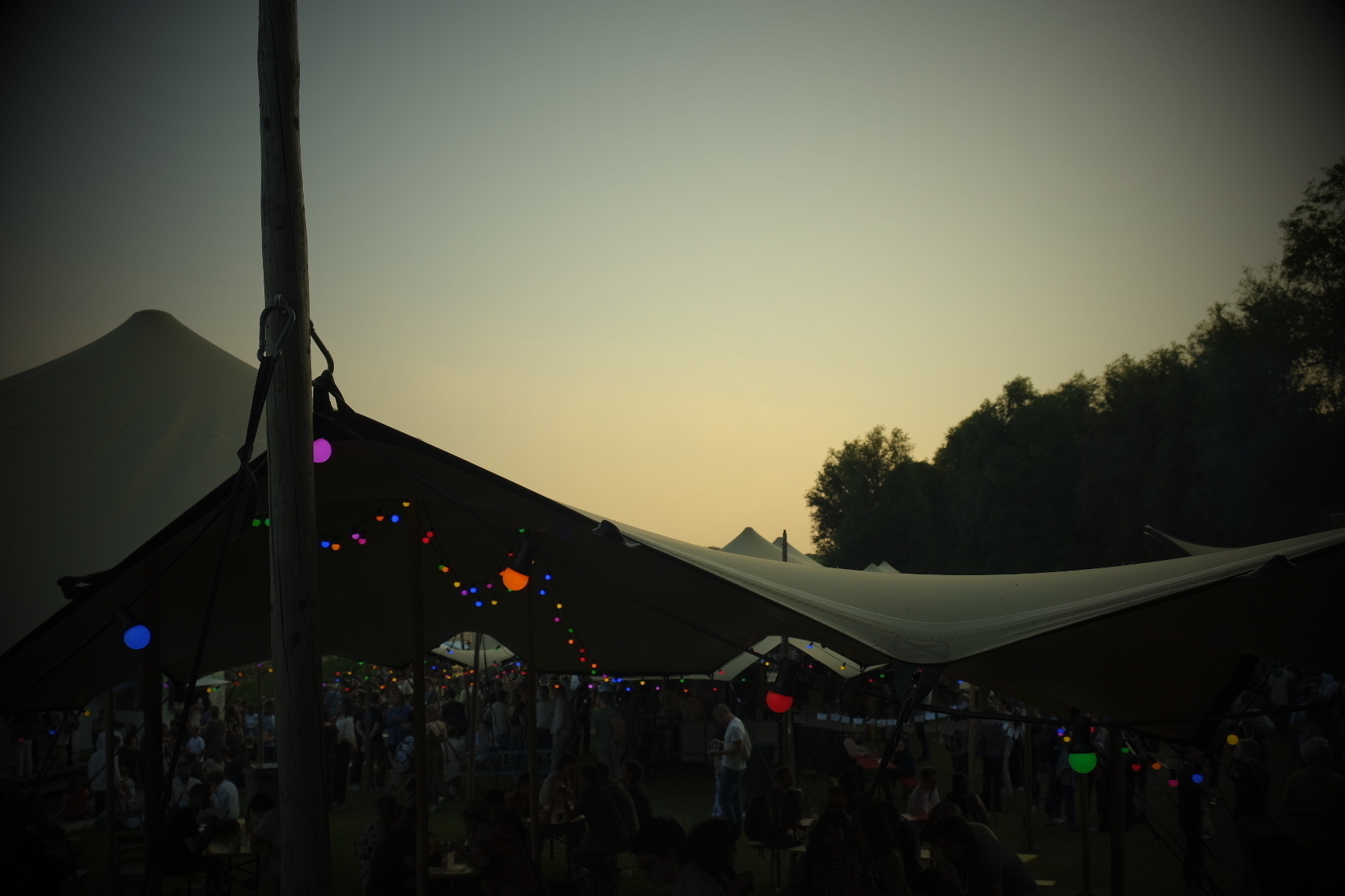 Snapshot from a party "in the forest", as it was advertised, with white tents and trees to the right. Colourful lights wherever groups of people are hiding 