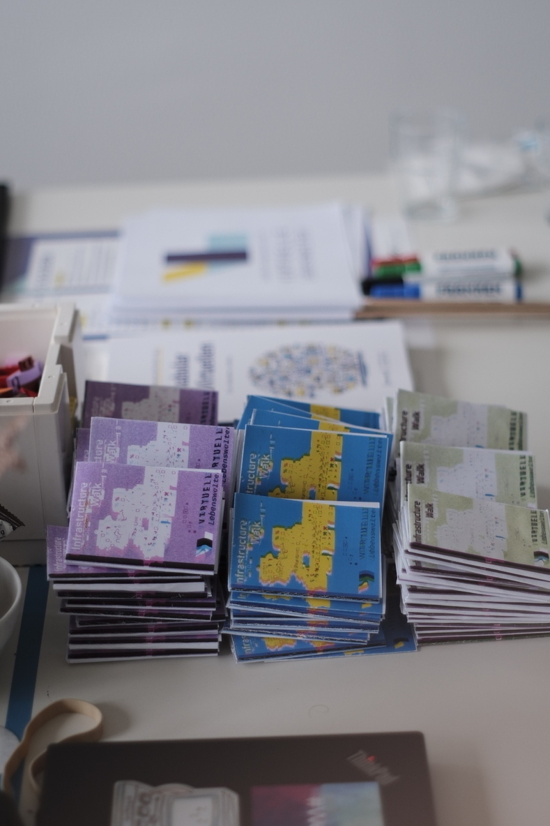 Screenshot of 99 zines in three different colours on a busy desk. This is example number 2 from below.