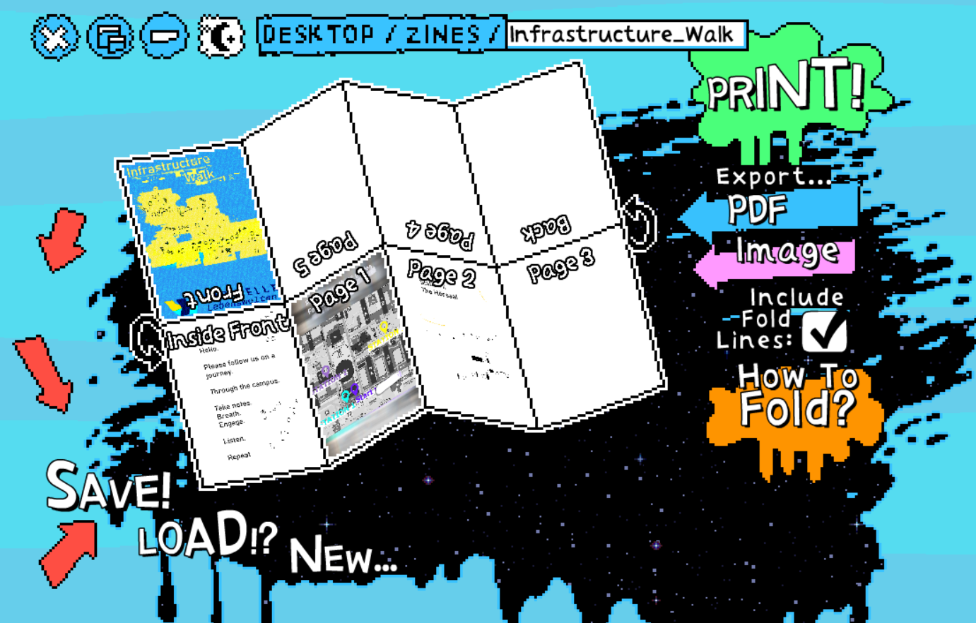 This is a colourful screenshot from the zine maker app. It reminds of early 1990s web culture and gives a lot of options to creatively and low-tech-y design a zine. Plus notes on how to fold a zine (you have different options). Here, a few pages a seen with content (although you can hardly read what this is about). It will be a handy guide for the infrastructure walk, a playful experimental experience during our annual conference where participants are encouraged to listen and talk notes.