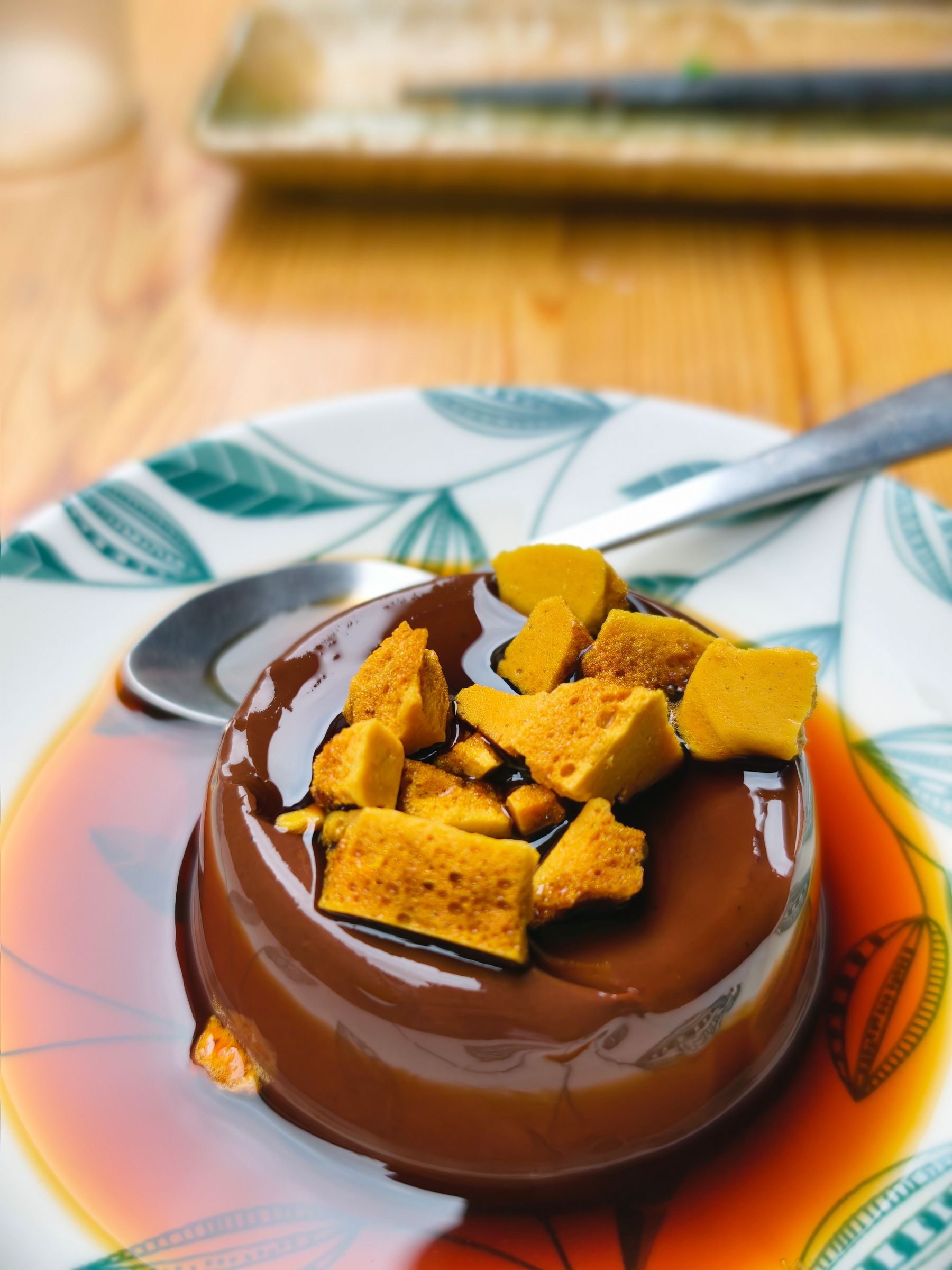 A macro shot of a caramel desert, very tasty, finishing off a Ramen meal in Taipei