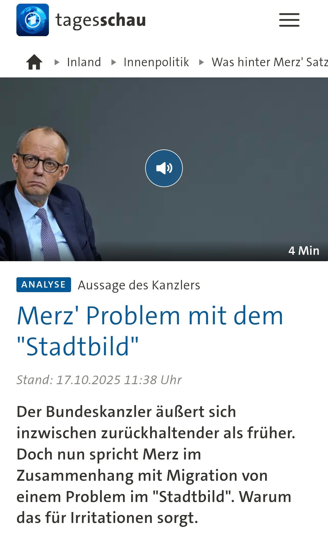 Ein Screenshot von der Tagesschau, wo der Kanzler rassistisch über ein sog. reines Stadtbild philosophiert. Es gibt zu viele Migrant*innen und Obdachlose, die soz. runlungern. Titel des Artikels: "Merz' Problem mit dem Stadtbild"