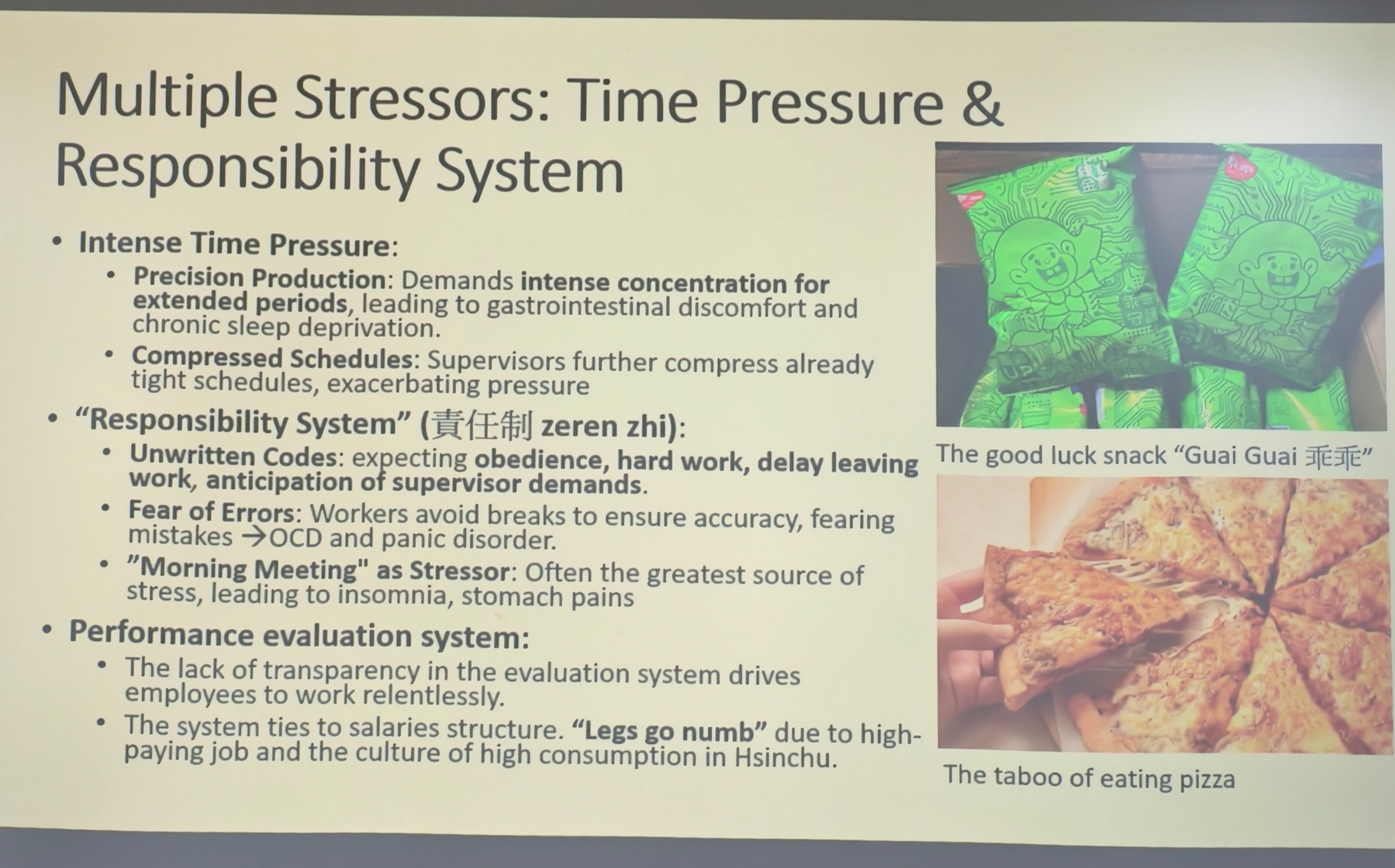 A packed PowerPoint slide with multiple stressors in a clean room. The taboo of eating pizza is a colourful example of serious matters