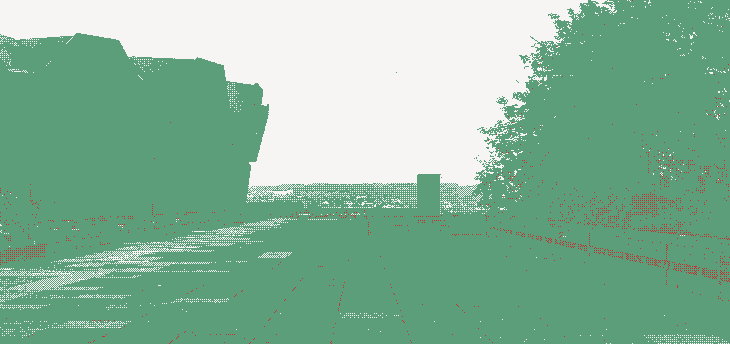 A dithered image of Ruhr-University campus, just next to the Audimax and in front of the mensa. Lots of concrete, but there's nature in sight.