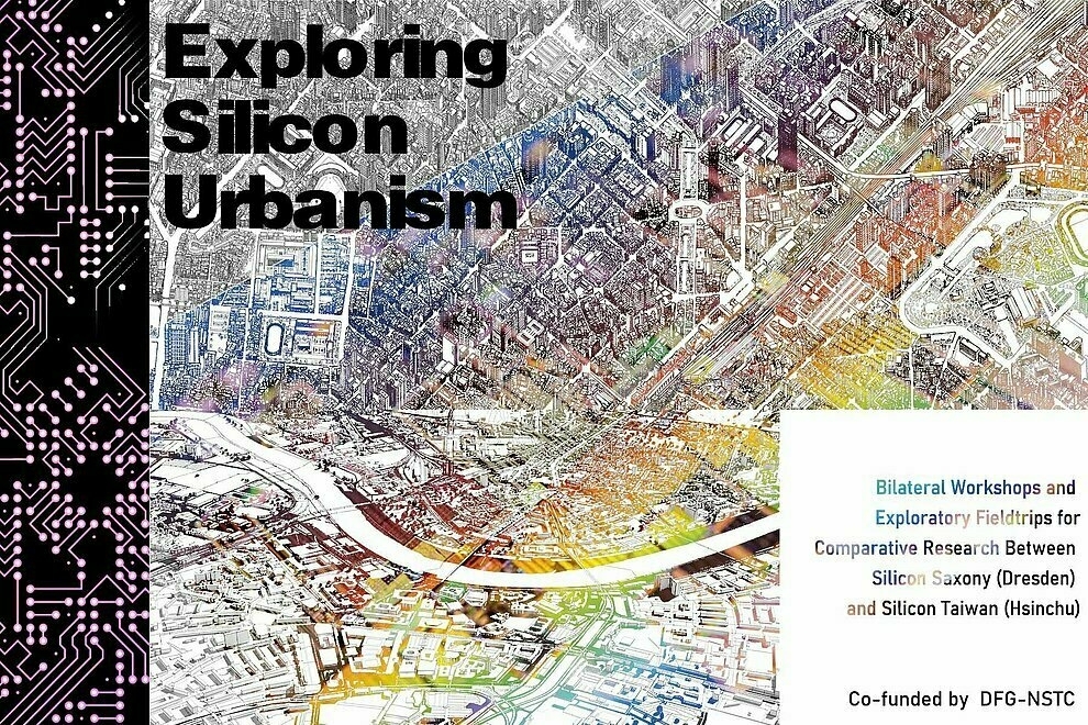 Exploring Silicon Urbanism between and across Hsinchu and Dresden’s Urban-scapes, created by Xiaoxue Gao. Base layers: Top: hand-drawn city map of Hsinchu (©Tom Rook, used with permission); Down: snapshot of Dresden Germany 50×50 km 3DCityMaps, no License needed (3D model by 3polies, Data source: © OpenStreetMap contributors). Collage, colour and other creative adjustments by the author. 