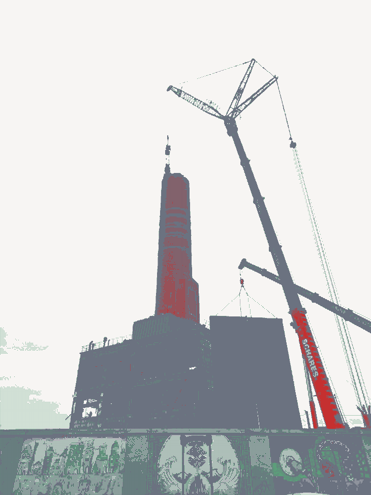 Dithered photograph of disassembly action in the Ruhr valley, representing the not-yet of transformation, pasts and futures.